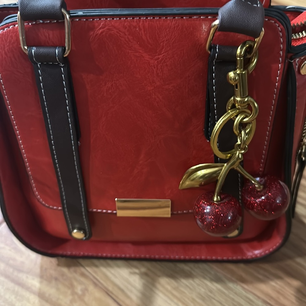 Cherry Charm Key Chain Key Card Wallet Holder Gold Tone & Sparkle Vibrant Red
